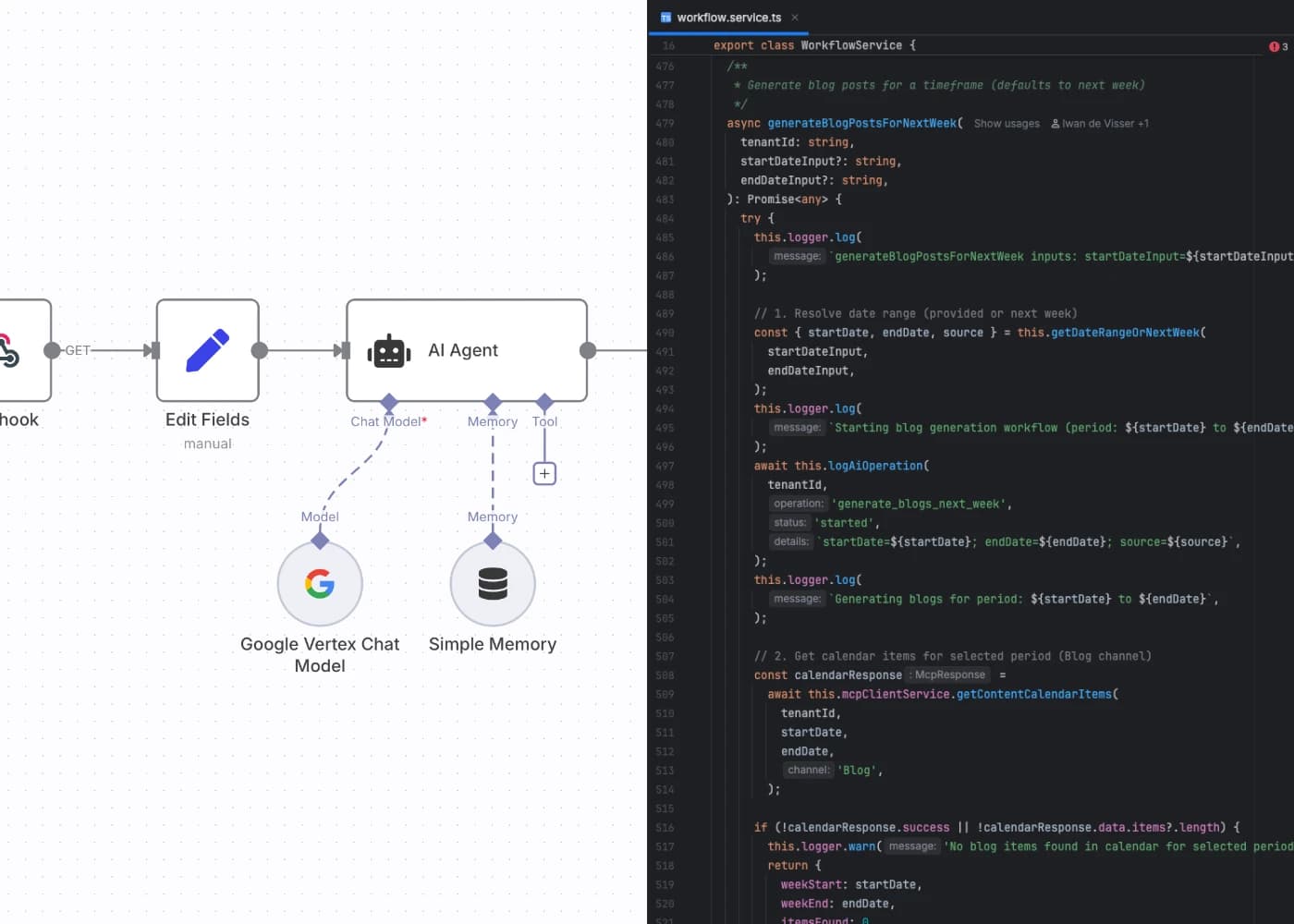 n8n workflow en Webstorm code interface side by side